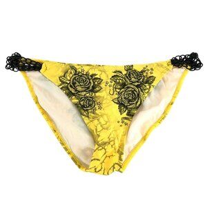 Sinful by Affliction Bikini Bottom Chain Rhinestones Roses Thorn Pistol Yellow L
